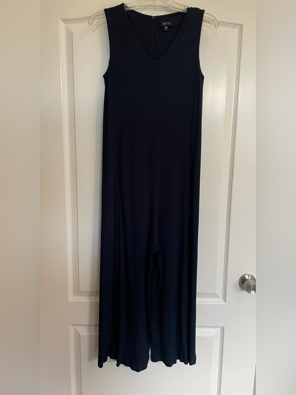 Comfy USA Sleeveless V-Neck Wide-Leg Ribbed Jumpsuit in Navy Blue